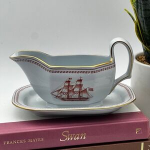 Vintage Copeland Spode Trade Winds Red Ship Gravy Boat with Underplate England